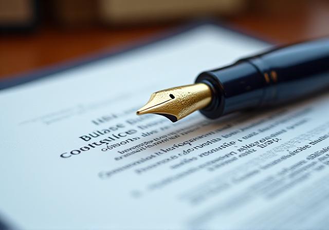 Close up of a luxury fountain pen on a legal document with a mahogany desk background