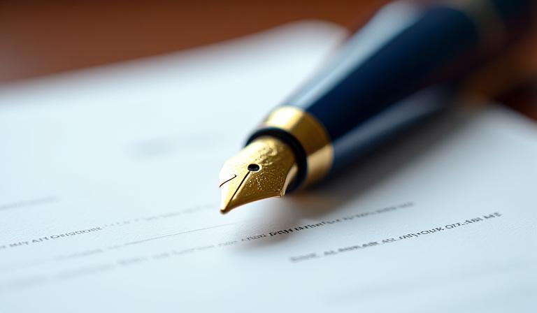 Close up of a luxury fountain pen and legal document representing confidentiality