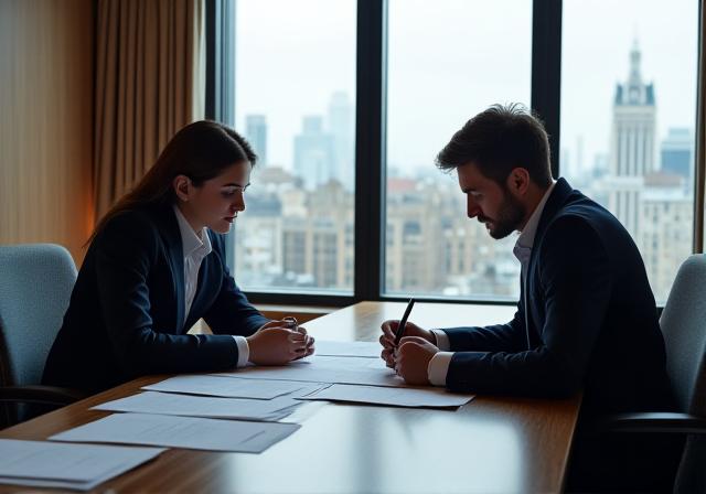 Two professionals in a modern London office reviewing legal documents on a large wooden table