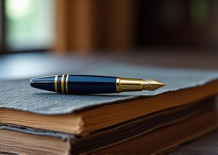 Close-up of a high-quality fountain pen and architectural law books